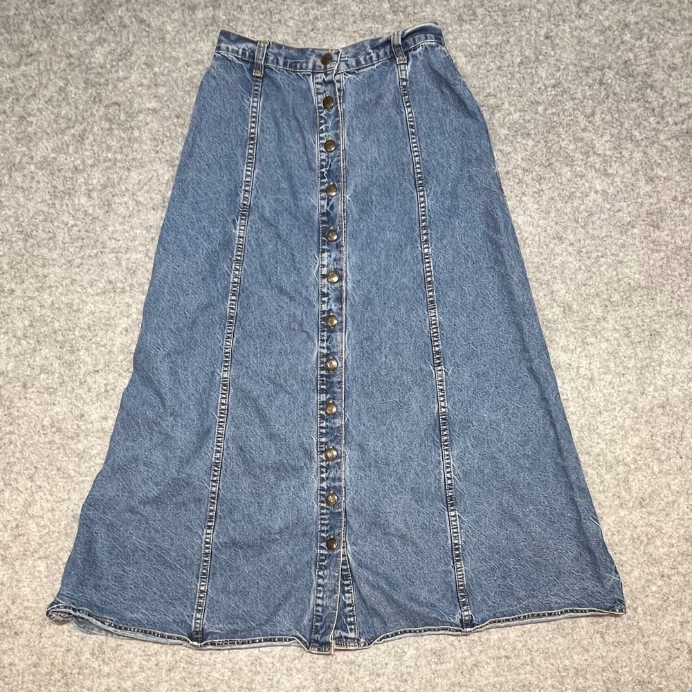 Revolt Vintage Denim Maxi Skirt Button Front Blue Wash Paneled A-Line Y2K 9/10